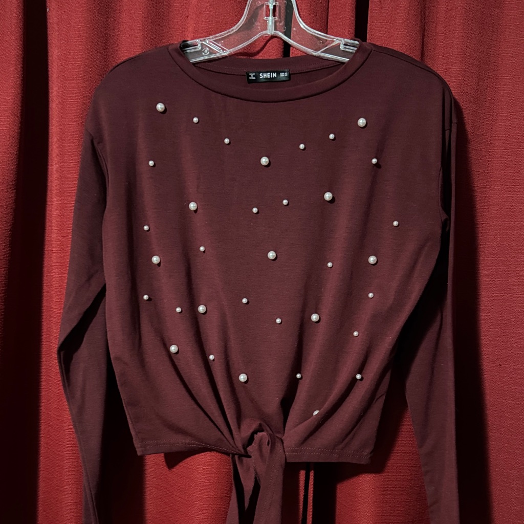Shein Maroon Pearl-Adorned Long Sleeve Top Xs/S
